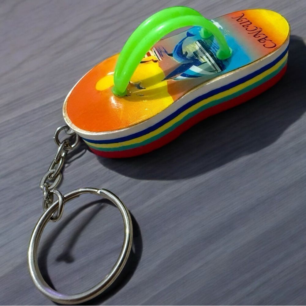 Colorful Flip-Flop Keychain Souvenir from Cancun with Green Straps